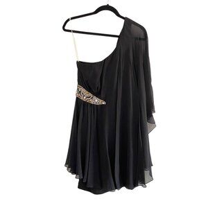 Marchesa Notte Size 4 Silk Black One Shoulder Cape Mini Dress Rhinestones Draped